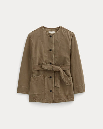 The Long Denim Barrel Jacket | Garment-Dyed Chocolate