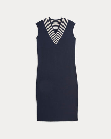 Relaxed V-Neck Midi Sweater Dress in Cotton Merino | Navy