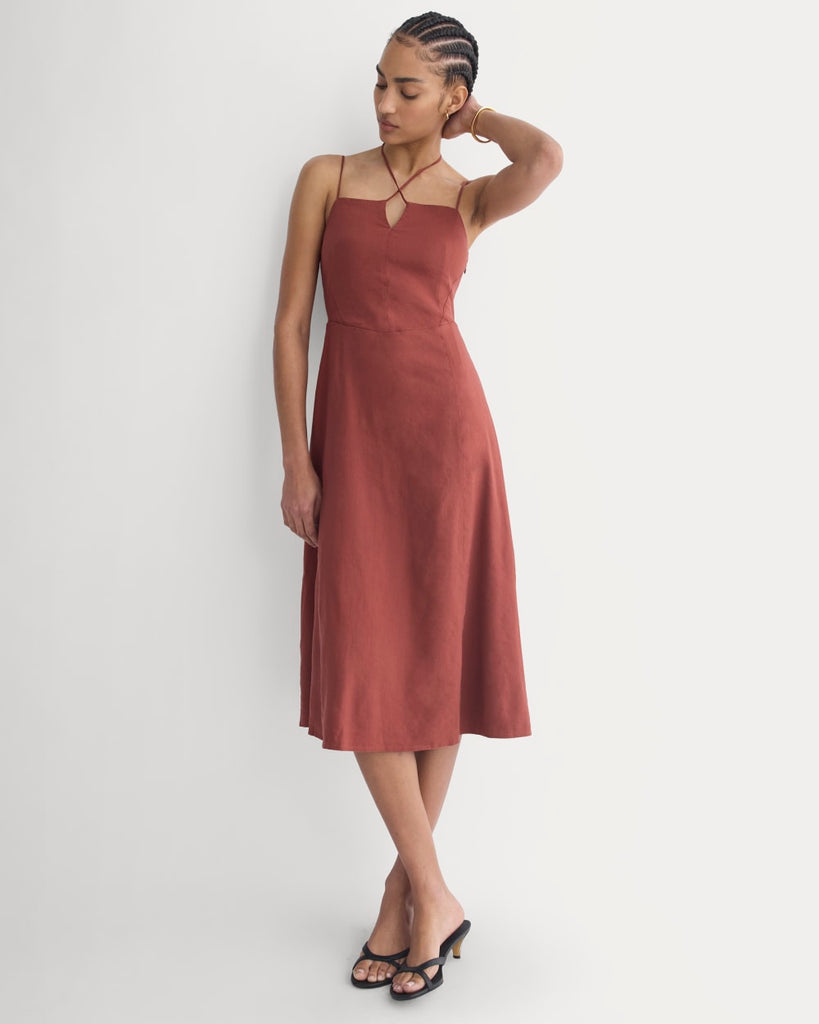 Tie-Neck Dress in Stretch Linen | Henna Red